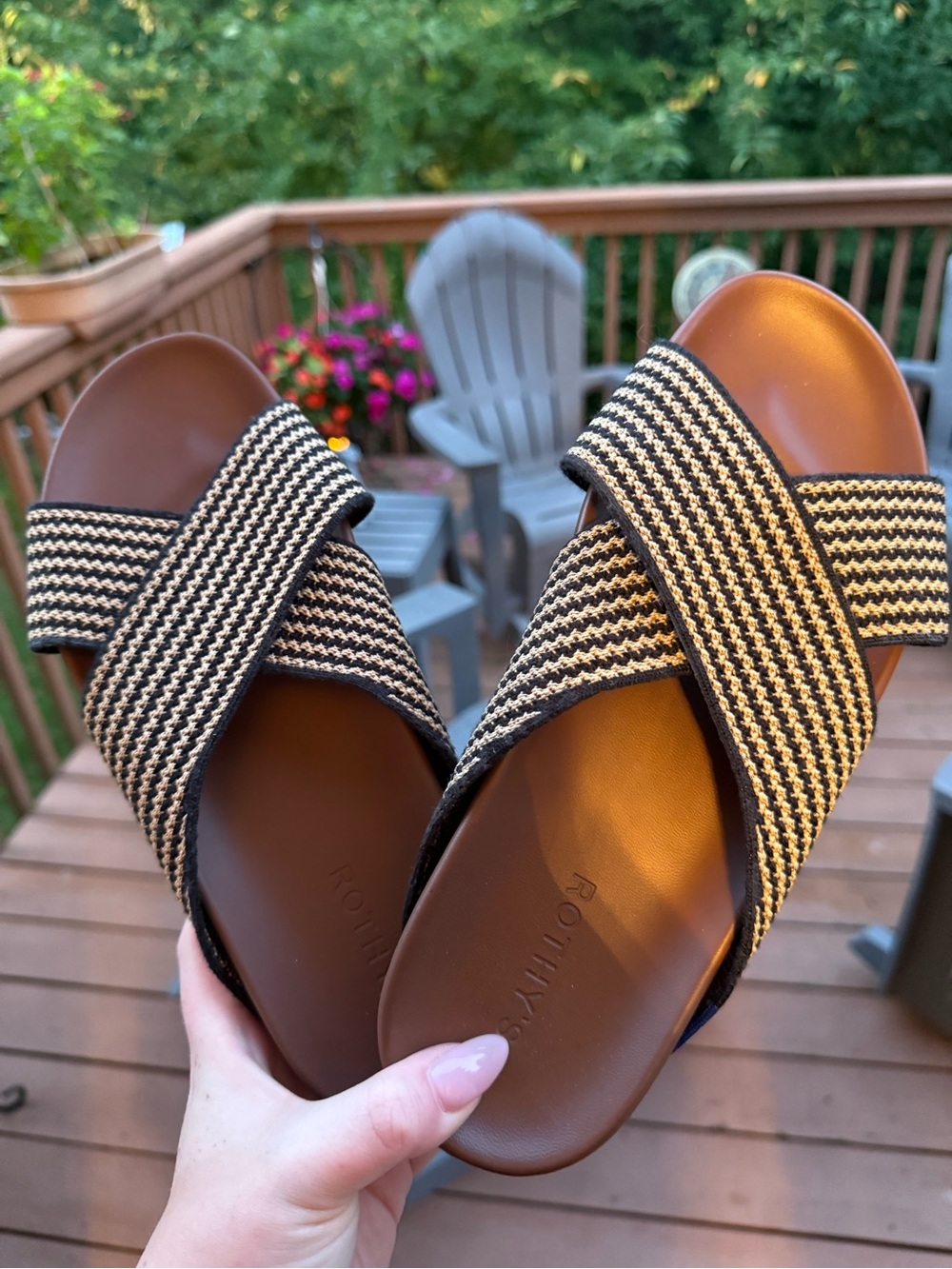 Rothy's Black and Cream Cross-Strap Slide Sandals